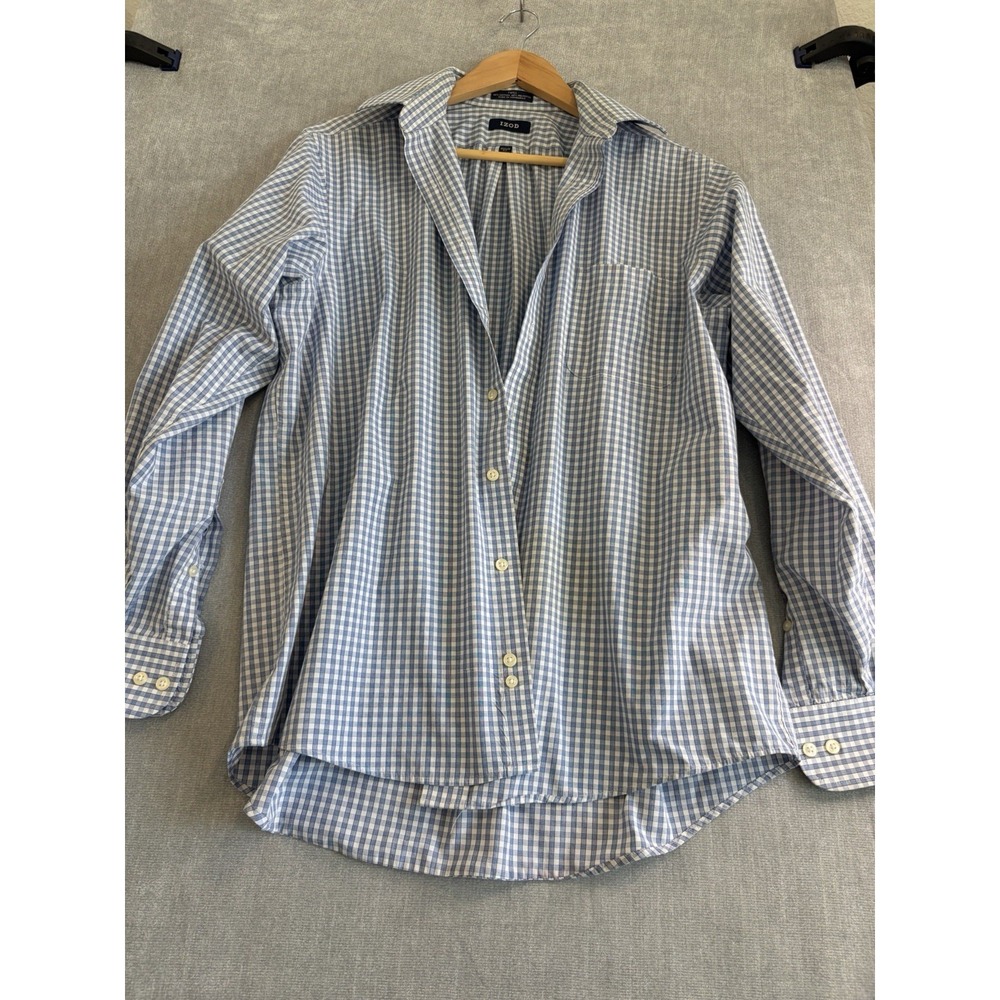 IZOD Mens 16 1/2 -34/35 Gingham Button Down Shirt Blue White Long Sleeve